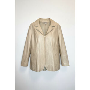 St John Sport Marie Gray Pearlescent Beige Leather Zip‎ Front Jacket Size Large